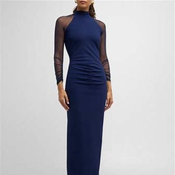 Chiara Boni NWT La Petite Robe Maylys Illusion Sleeve Navy Maxi Gown Dress Sz 16 - Picture 1 of 11